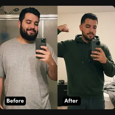 Miguel — before and after Hume Care, 90.4 lbs lost in 13 months