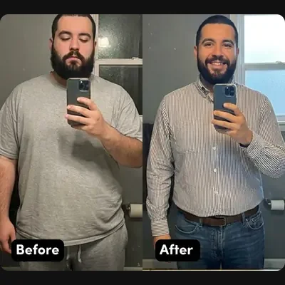 Javier — before and after Hume Care, 125.7 lbs lost in 12 months